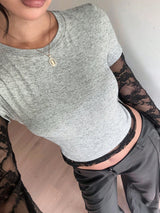 SHEIN Siren Gaze Women's Autumn Lace Patchwork 2 In 1 Layering T-Shirt Brunch Night Out - view 4