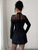 SHEIN Siren Gaze Women's Elegant Ruched Waist Lace Patchwork Long Sleeve Bodycon Black Dress