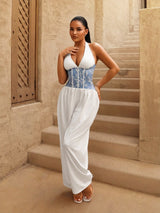 SHEIN Sirith Spring Summer Resort Faux Denim Leaf Print Knit Stretch