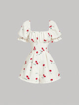 SHEIN Skyraze White And Red Cherry Print Romper For Women