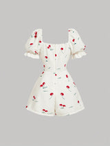 SHEIN Skyraze White And Red Cherry Print Romper For Women