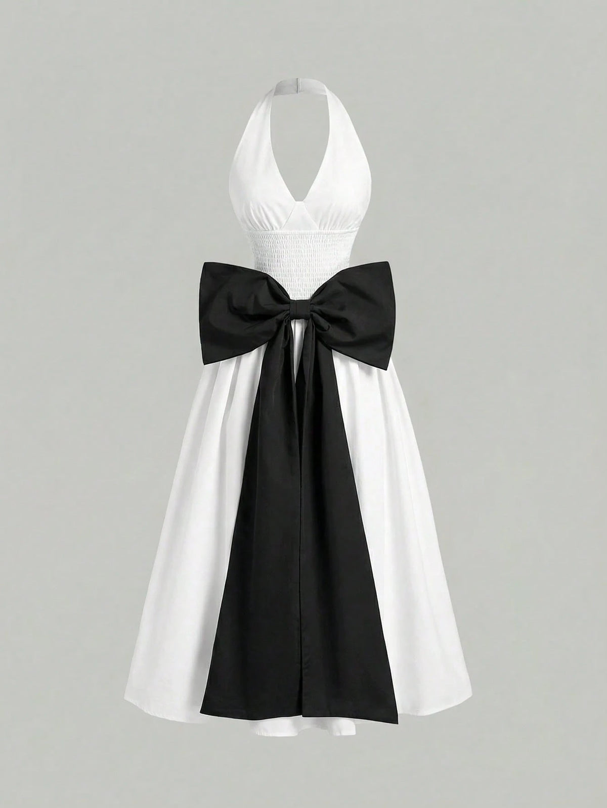 SHEIN Skyraze Women's Elegant Backless Bow Decor Mid-Length Halter Dress