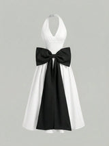 SHEIN Skyraze Women's Elegant Backless Bow Decor Mid-Length Halter Dress