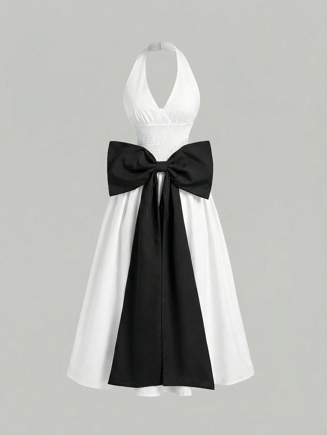 SHEIN Skyraze Women's Elegant Backless Bow Decor Mid-Length Halter Dress