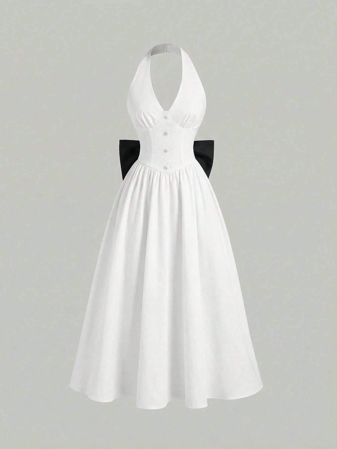 SHEIN Skyraze Women's Elegant Backless Bow Decor Mid-Length Halter Dress