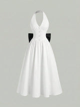 SHEIN Skyraze Women's Elegant Backless Bow Decor Mid-Length Halter Dress