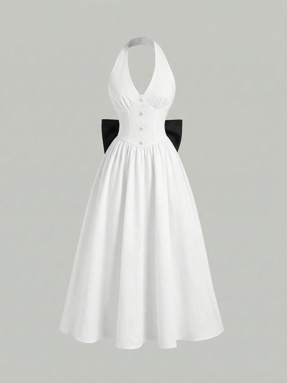 SHEIN Skyraze Women's Elegant Backless Bow Decor Mid-Length Halter Dress
