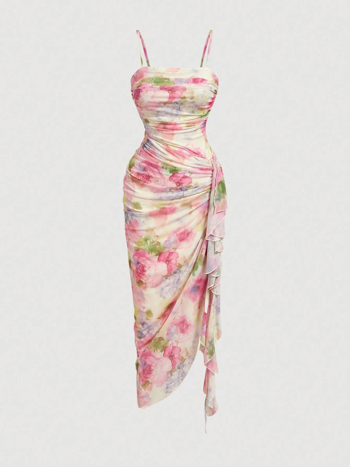 SHEIN Skyraze Women's Elegant Cottage Tropical White And Blue Floral Print Ruffle Hem Fitted Midi Slip Dress