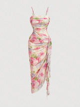SHEIN Skyraze Women's Elegant Cottage Tropical White And Blue Floral Print Ruffle Hem Fitted Midi Slip Dress
