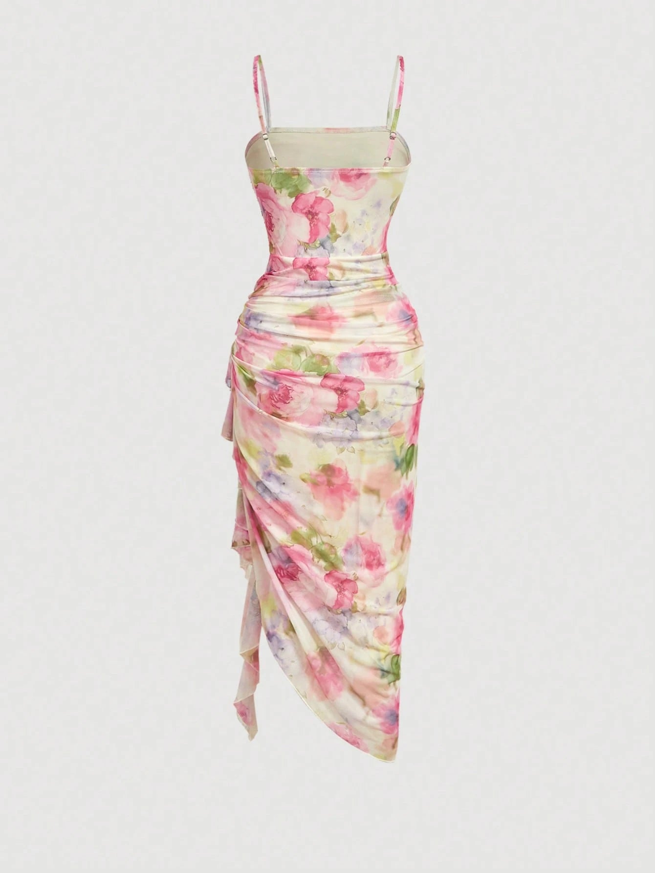SHEIN Skyraze Women's Elegant Cottage Tropical White And Blue Floral Print Ruffle Hem Fitted Midi Slip Dress