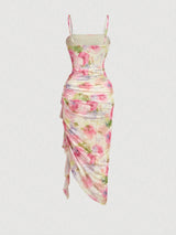 SHEIN Skyraze Women's Elegant Cottage Tropical White And Blue Floral Print Ruffle Hem Fitted Midi Slip Dress