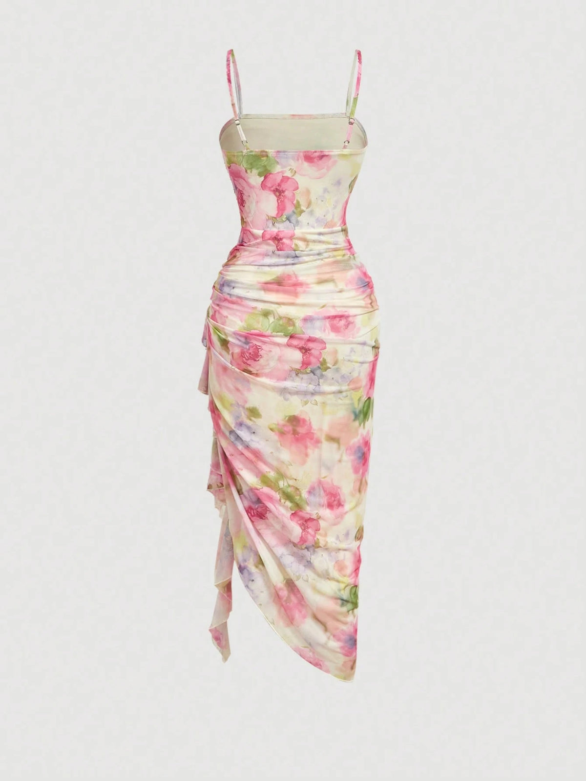 SHEIN Skyraze Women's Elegant Cottage Tropical White And Blue Floral Print Ruffle Hem Fitted Midi Slip Dress