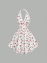 SHEIN Skyraze Women's Halter Backless Cherry Print Mini Dress