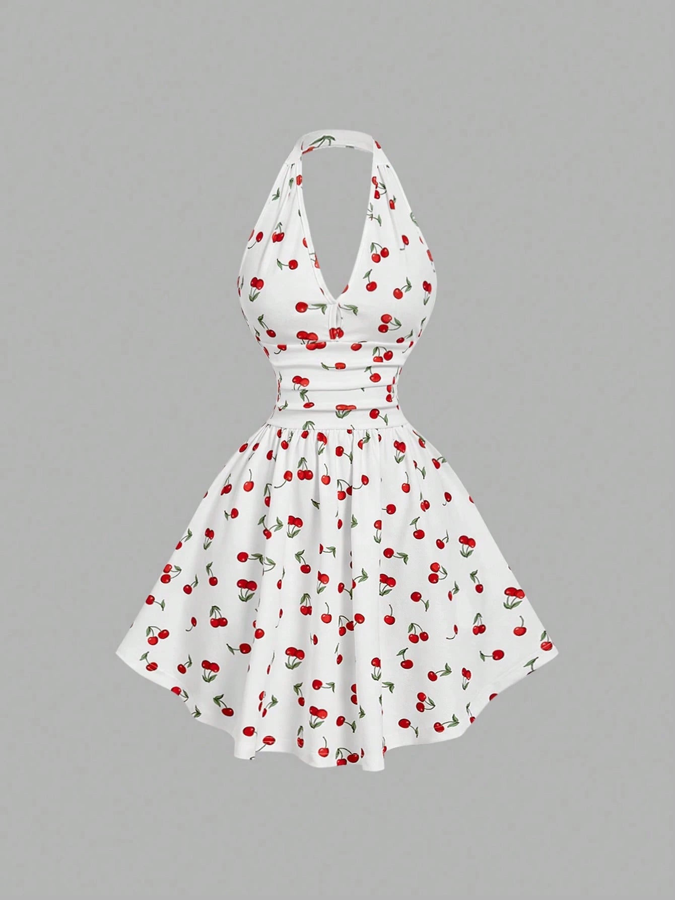SHEIN Skyraze Women's Halter Backless Cherry Print Mini Dress
