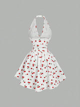SHEIN Skyraze Women's Halter Backless Cherry Print Mini Dress