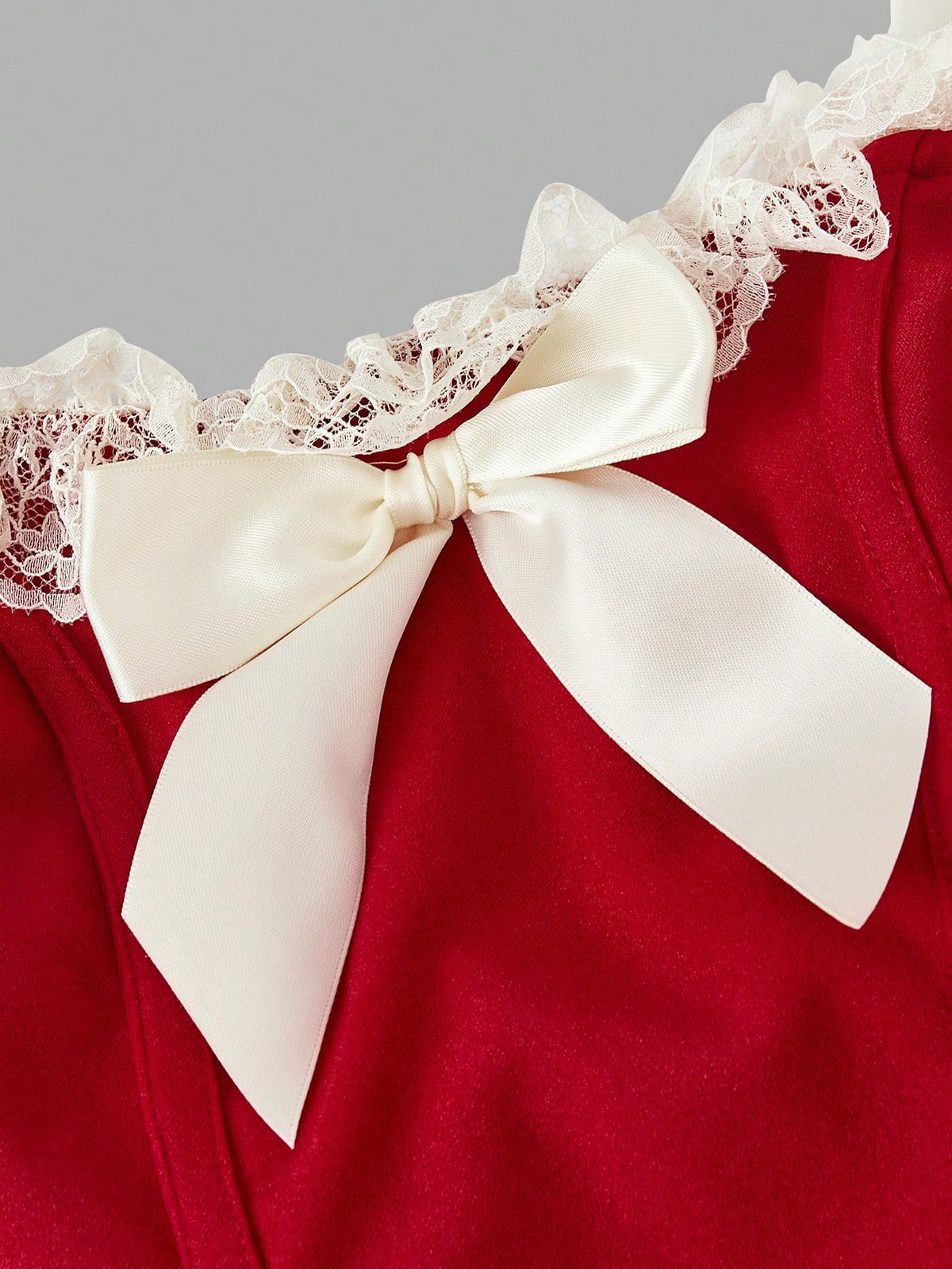 SHEIN Skyraze Women's Red And White Cute Summer Party Red Bow Front Lace Trim Paisley Hem Bustier Corset Top