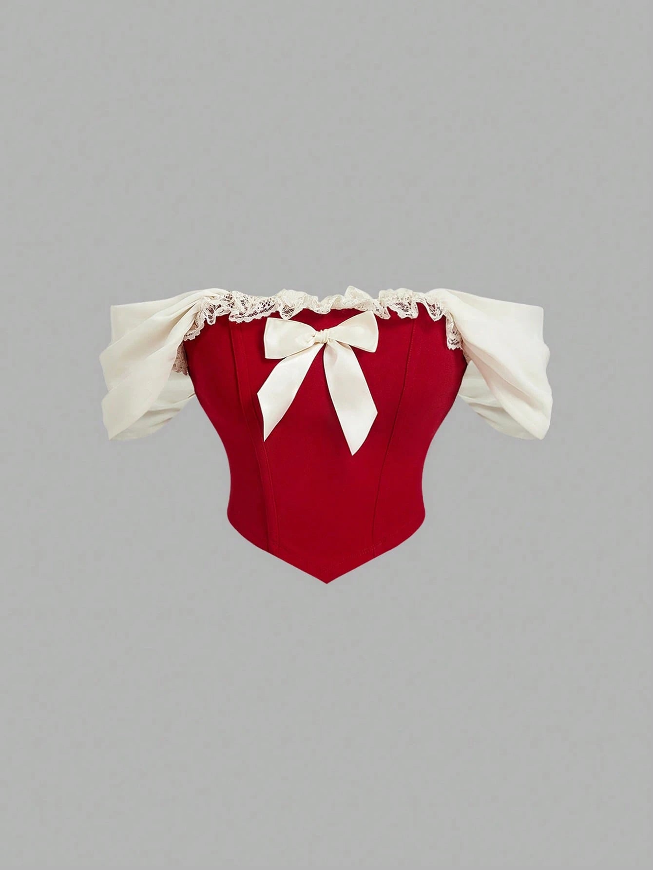 SHEIN Skyraze Women's Red And White Cute Summer Party Red Bow Front Lace Trim Paisley Hem Bustier Corset Top