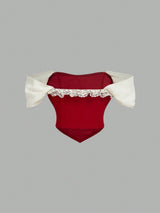 SHEIN Skyraze Women's Red And White Cute Summer Party Red Bow Front Lace Trim Paisley Hem Bustier Corset Top