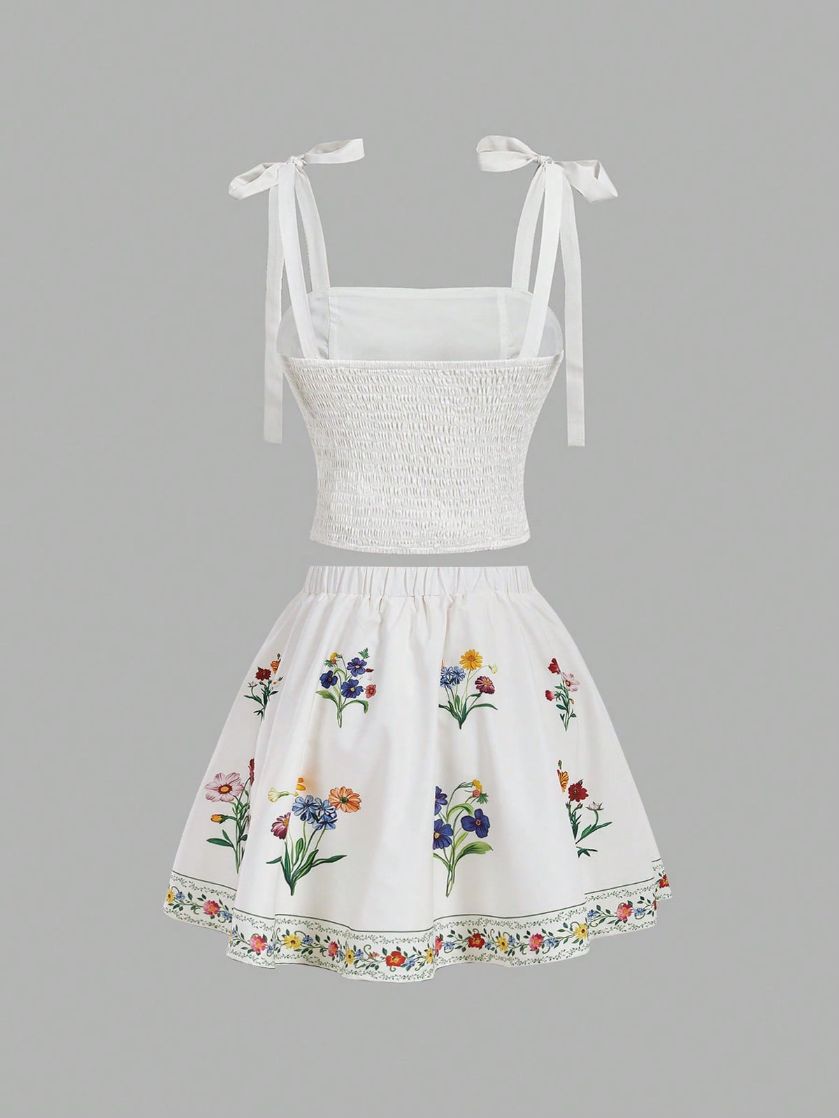 SHEIN Skyraze Women's White Floral Summer Modest Holiday Picnic Holiday 2 Pieces Set