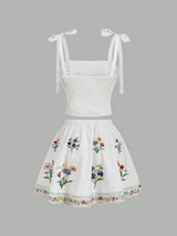SHEIN Skyraze Women's White Floral Summer Modest Holiday Picnic Holiday 2 Pieces Set