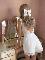 SHEIN Skyraze Women's White Lace Romper , Elegant Floral Sleeveless Design