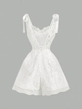 SHEIN Skyraze Women's White Lace Romper , Elegant Floral Sleeveless Design