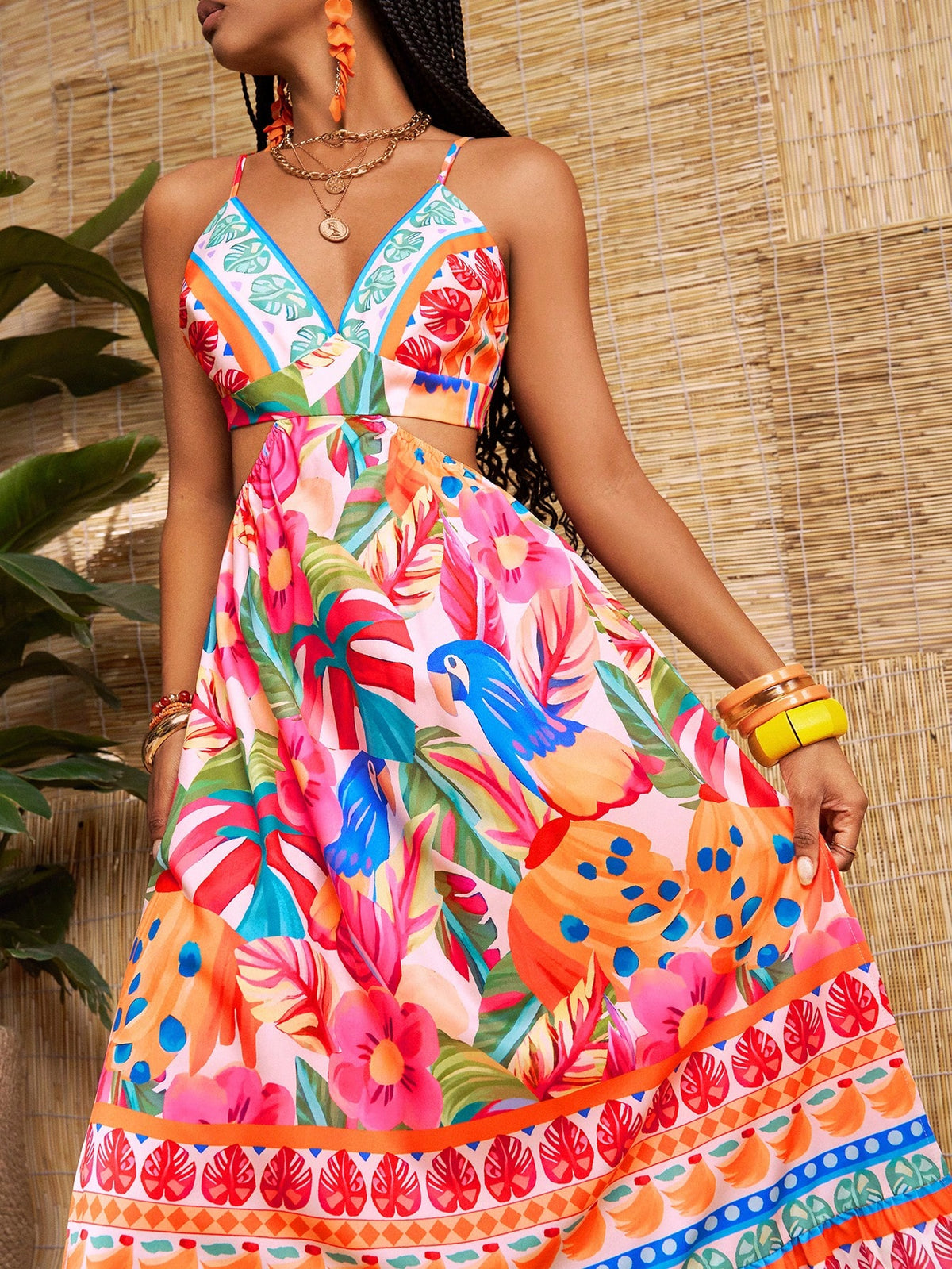 SHEIN Slaydiva New Botanical Print Spaghetti Strap Waist Cutout Side Split Dress