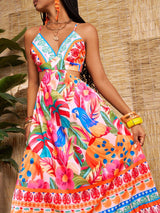 SHEIN Slaydiva New Botanical Print Spaghetti Strap Waist Cutout Side Split Dress
