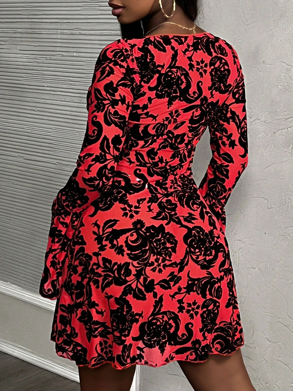 SHEIN Slaydiva Sexy Party Elegant Sheer Velvet Jacquard Fabric Long Sleeve Mini Dress