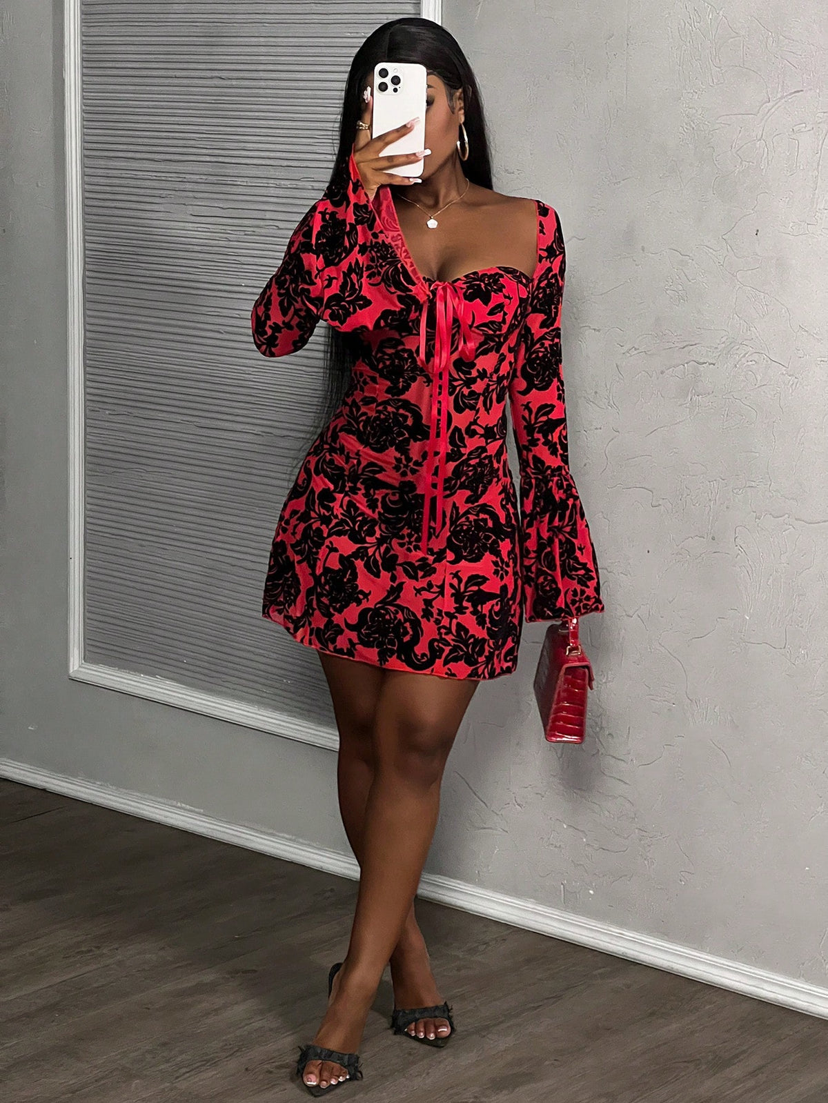SHEIN Slaydiva Sexy Party Elegant Sheer Velvet Jacquard Fabric Long Sleeve Mini Dress