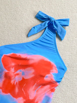 SHEIN Soleia One Piece Bathing Suit,Beachwear,Vacation Outfits Woman,Swim Suits For Women,Summer Outfits For Women,1pc Women's Blue Base Abstract Floral Print Tie Knot One-Piece Swimsuit For Vacation