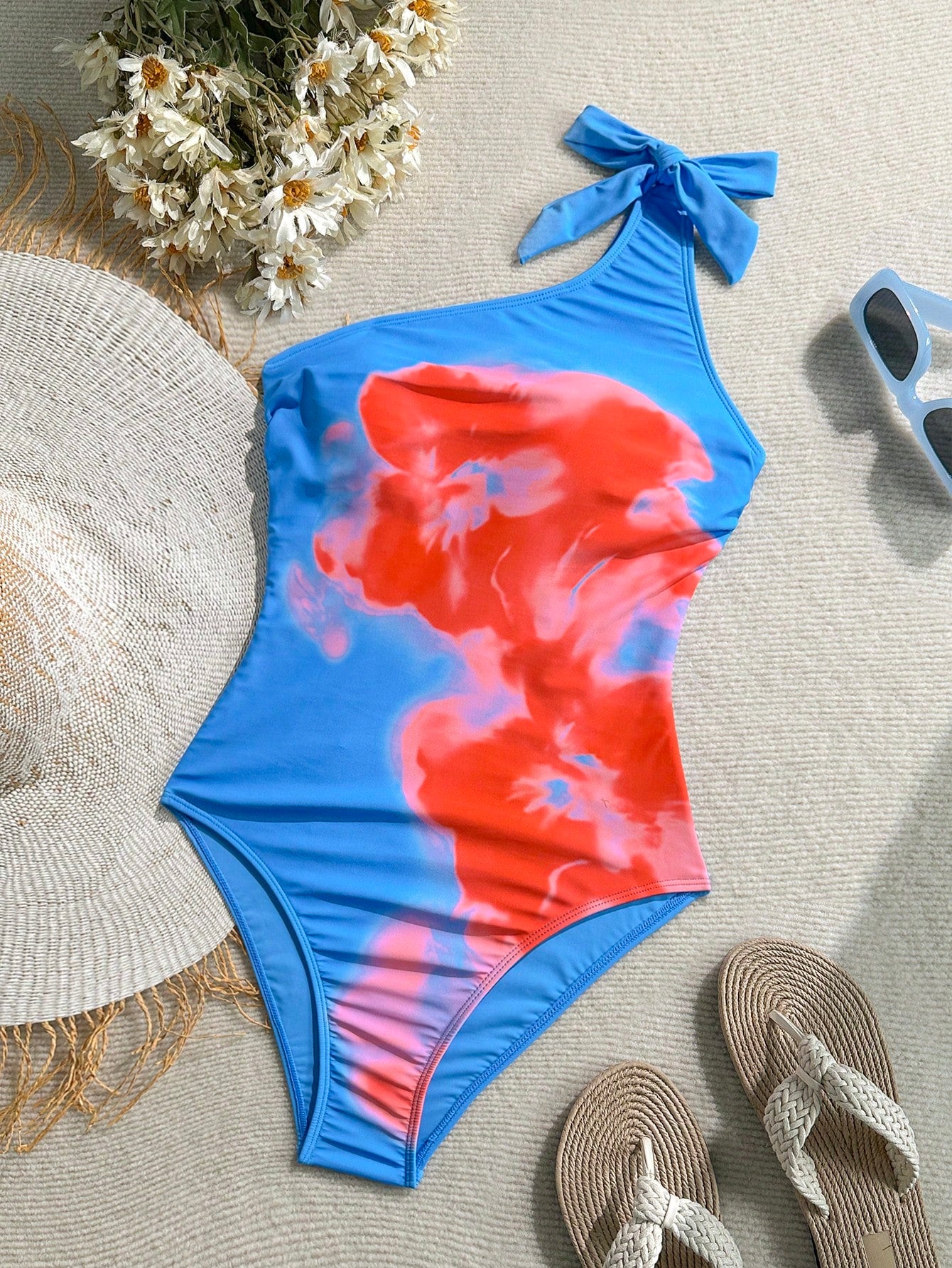 SHEIN Soleia One Piece Bathing Suit,Beachwear,Vacation Outfits Woman,Swim Suits For Women,Summer Outfits For Women,1pc Women's Blue Base Abstract Floral Print Tie Knot One-Piece Swimsuit For Vacation