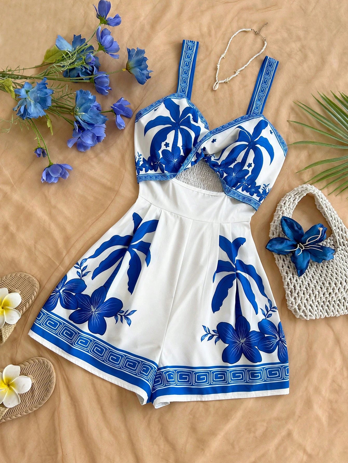 SHEIN Soleia Women's Vacation Palm Tree Print Cutout Waist Jumpsuit Summer Outfit For Women Floral Holiday Casual Clothes Carnival