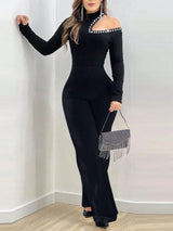SHEIN Solid Color Elegant & Sexy Pearl Shoulder Hollow-Out Long Sleeve Jumpsuit