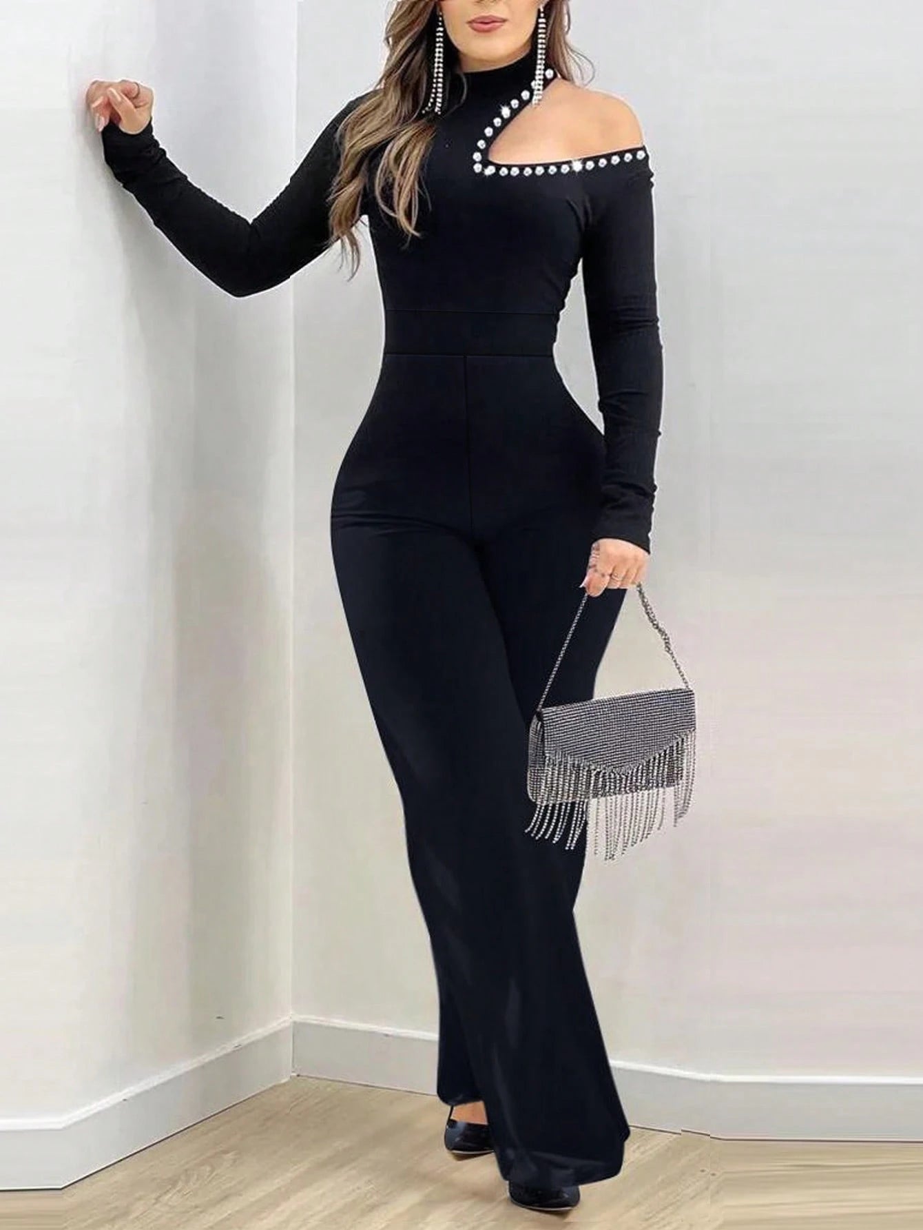 SHEIN Solid Color Elegant & Sexy Pearl Shoulder Hollow-Out Long Sleeve Jumpsuit