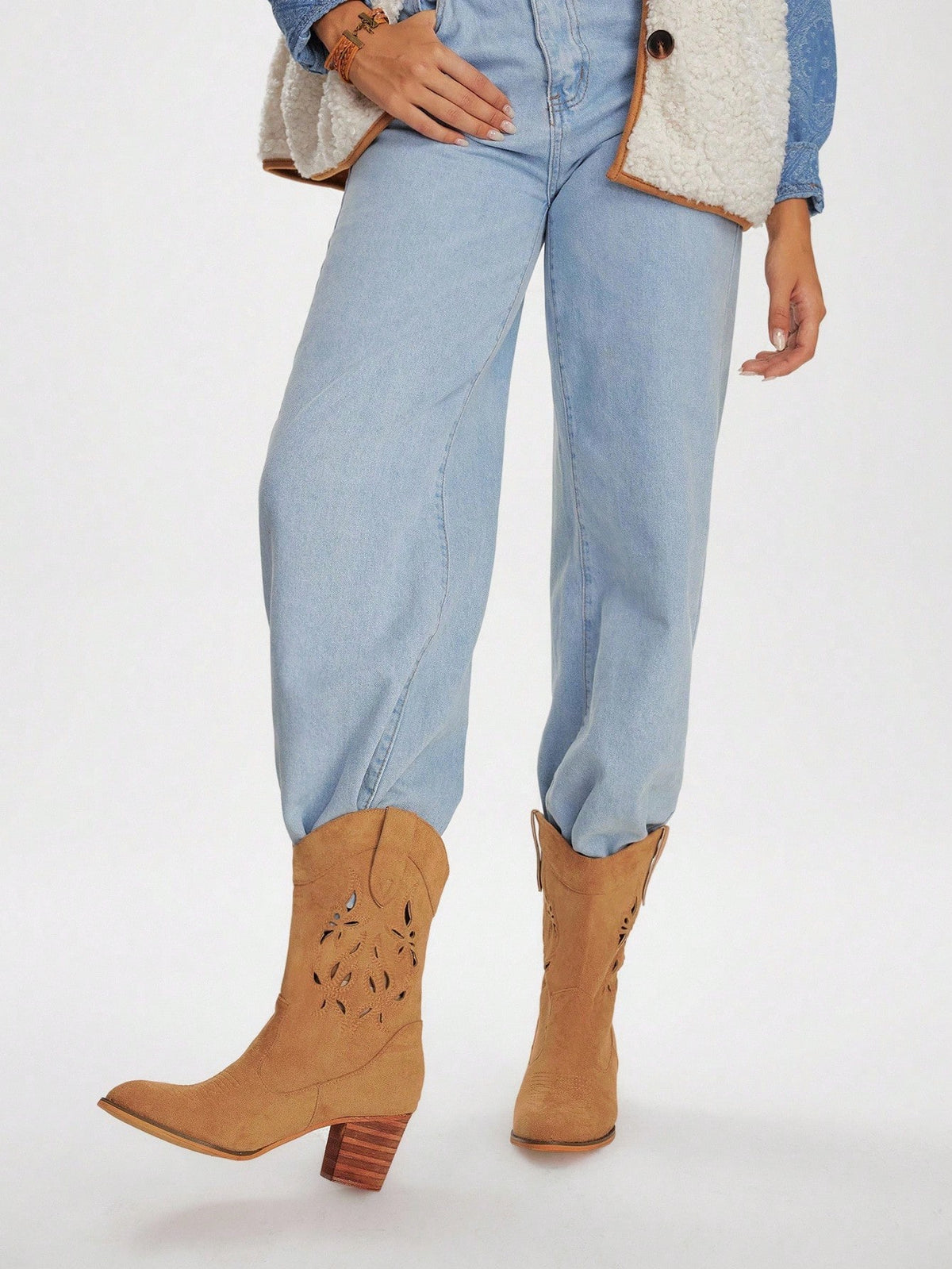 SHEIN Styleloop Women's Pointed Toe Chunky Heel Brown Hollow Out Embroidered Western Boots