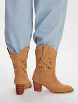 SHEIN Styleloop Women's Pointed Toe Chunky Heel Brown Hollow Out Embroidered Western Boots