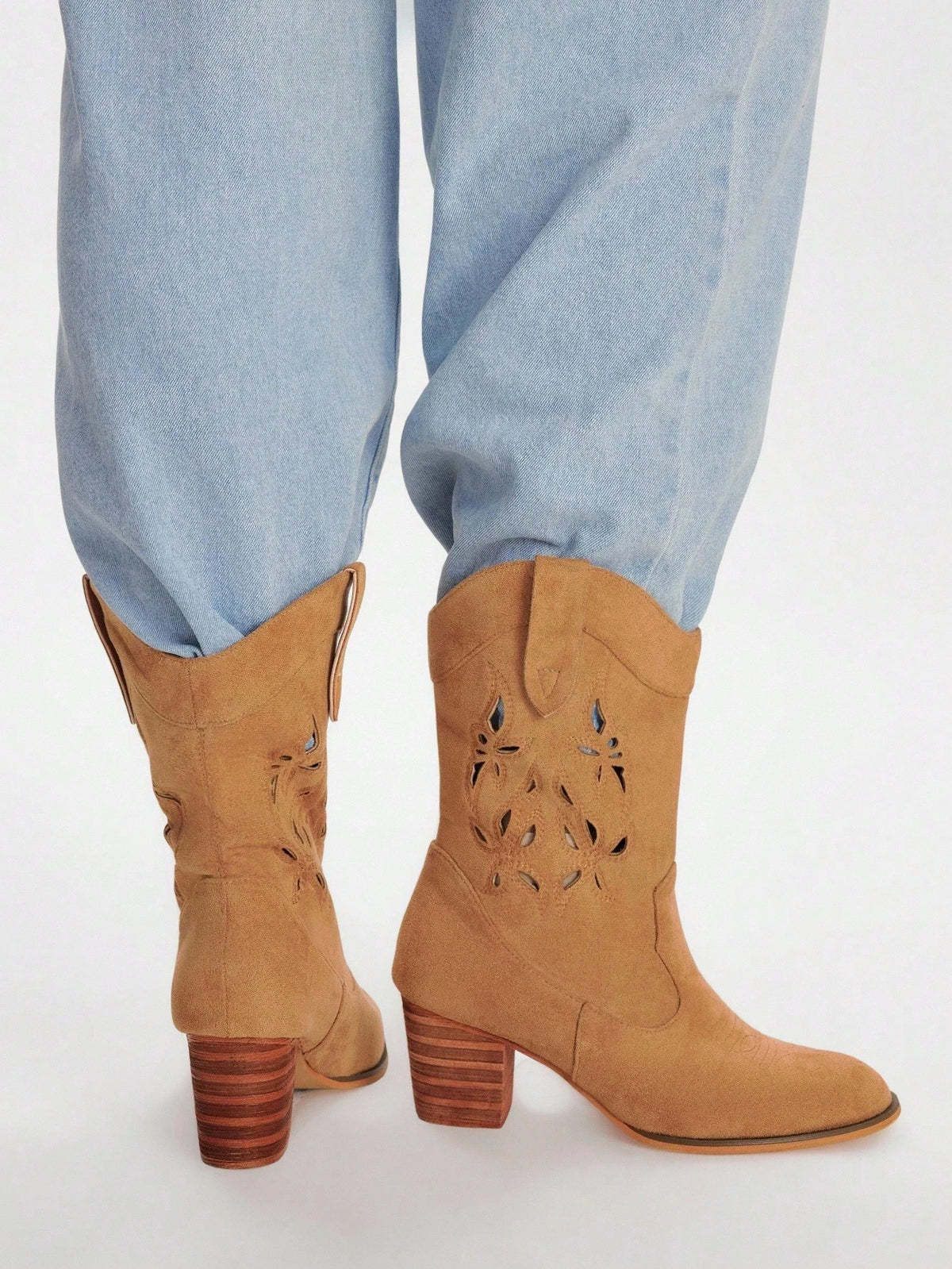 SHEIN Styleloop Women's Pointed Toe Chunky Heel Brown Hollow Out Embroidered Western Boots