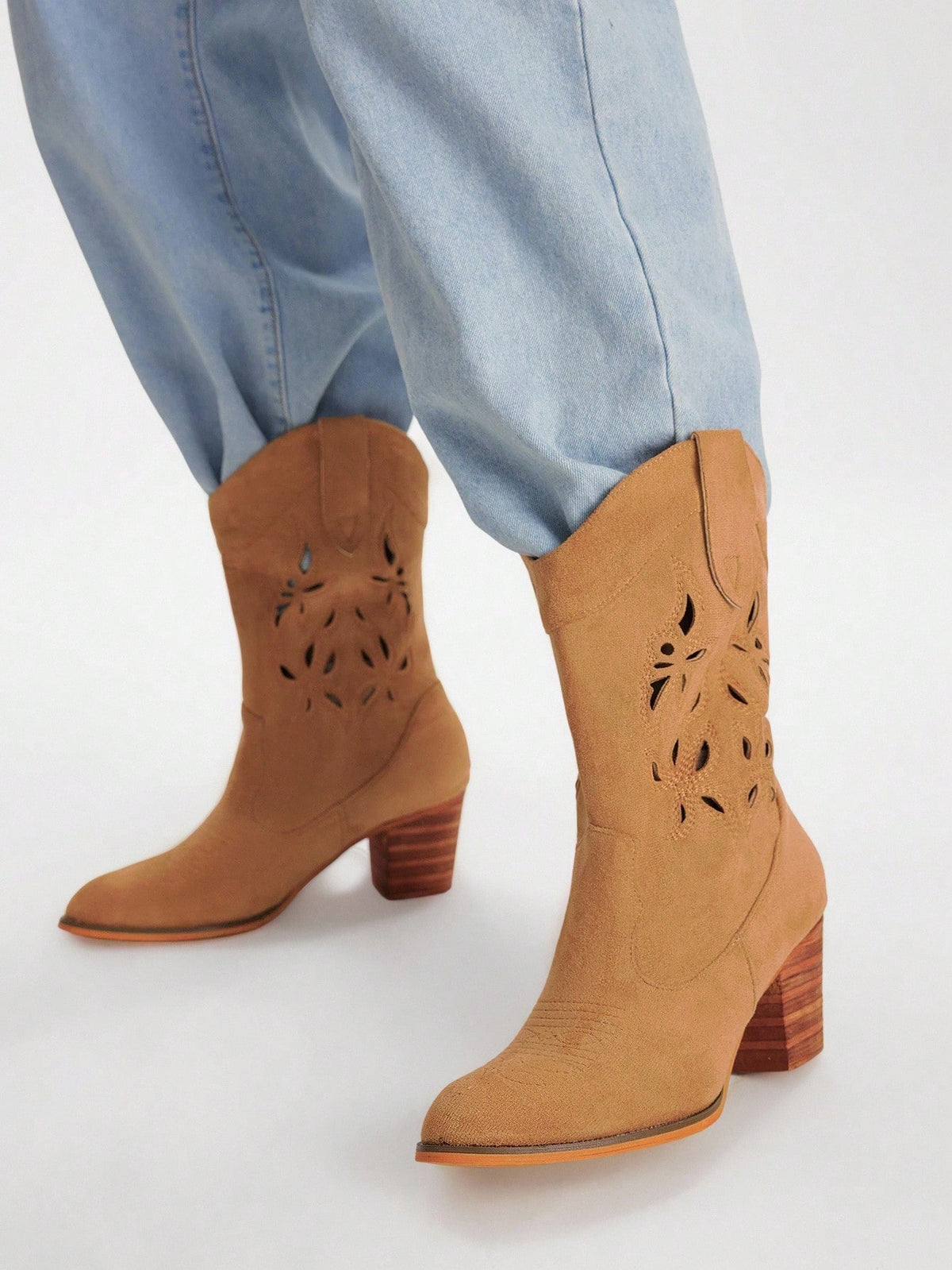 SHEIN Styleloop Women's Pointed Toe Chunky Heel Brown Hollow Out Embroidered Western Boots
