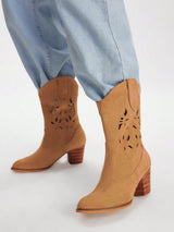 SHEIN Styleloop Women's Pointed Toe Chunky Heel Brown Hollow Out Embroidered Western Boots
