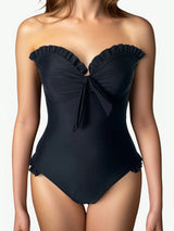 SHEIN Summer Beach Women's Ruffle Edged Front Knot One Piece Swimsuit