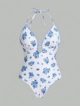 SHEIN Sweetra 1pc Women's Cute Ditsy Floral Print One-Piece Swimsuit, For Summer Beach Vacation