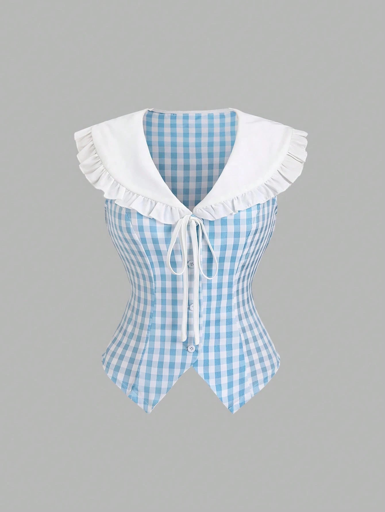 SHEIN Sweetra 2022 Summer New Sweet Fitted Sleeveless Navy Collar Plaid Crop Shirt