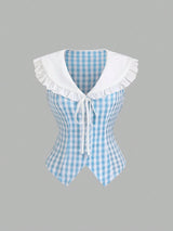 SHEIN Sweetra 2022 Summer New Sweet Fitted Sleeveless Navy Collar Plaid Crop Shirt