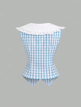 SHEIN Sweetra 2022 Summer New Sweet Fitted Sleeveless Navy Collar Plaid Crop Shirt