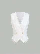 SHEIN Sweetra Premium Sleeveless Blazer Jacket For Women, Elegant Office Lace Patchwork Business Vest