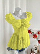 SHEIN Sweetra Summer Sweet & Sexy Diva Bow Decor Short Sleeve Chiffon Blouse