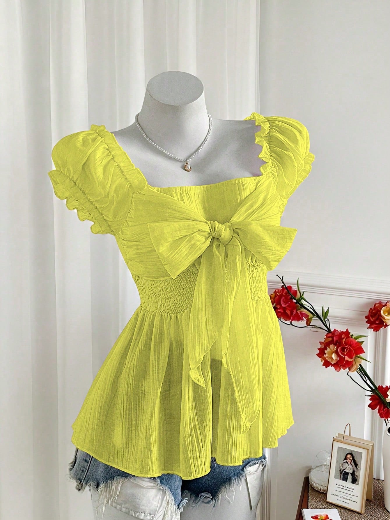 SHEIN Sweetra Summer Sweet & Sexy Diva Bow Decor Short Sleeve Chiffon Blouse