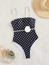 SHEIN Swim Chiccia Women's Detachable Strap Black And White Polka Dot One-Piece Swimsuit