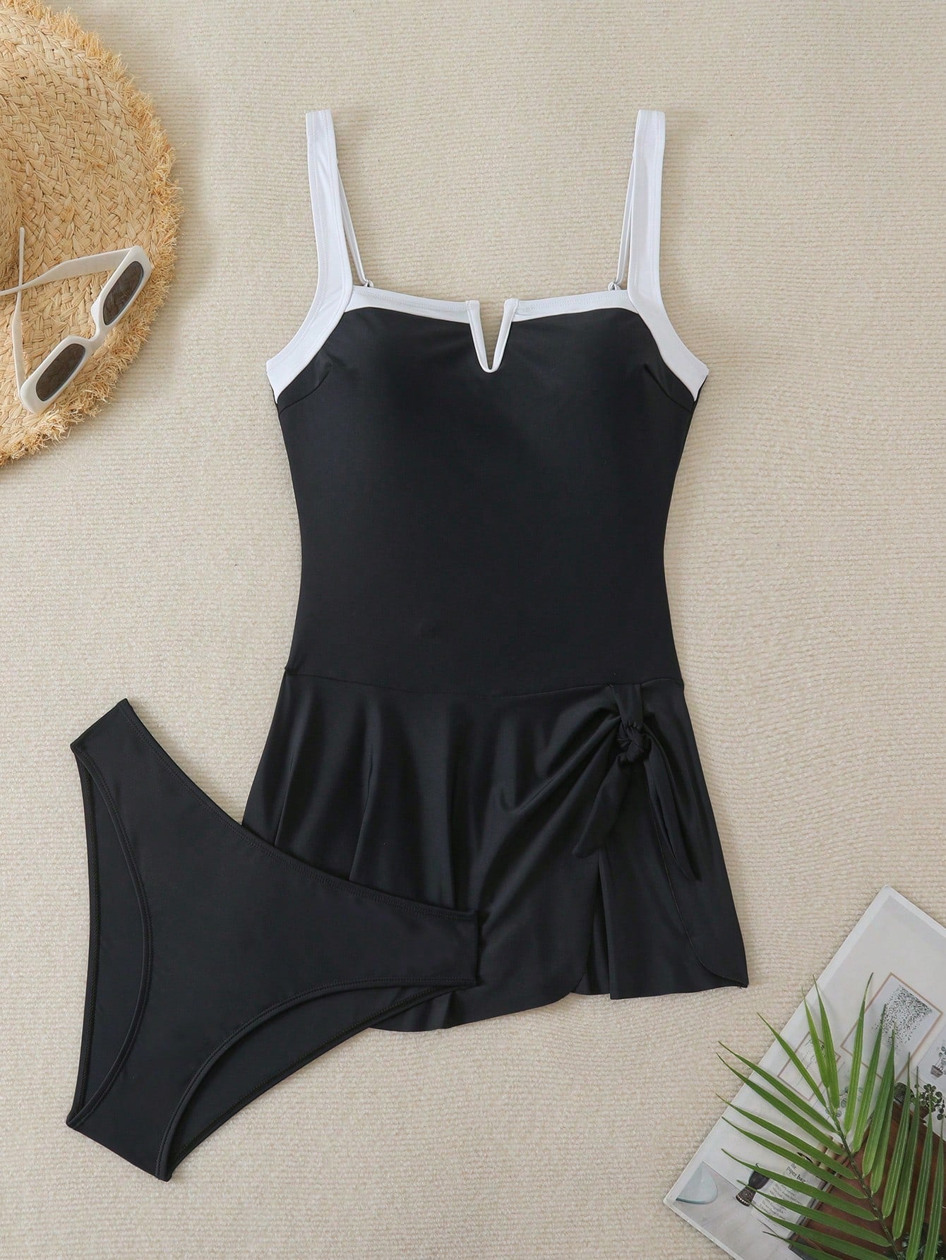 SHEIN Swim Lushoire 2pcs Women's V-Neck Asymmetric Hem Beach Dress & Swimsuit Set